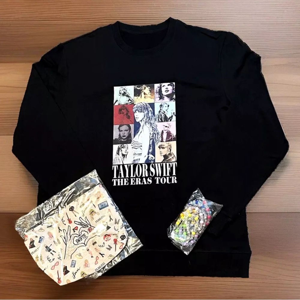 Taylor Swift Swifties Women's XL Sweatshirt with Makeup Bag & 10 Pc Bracelets